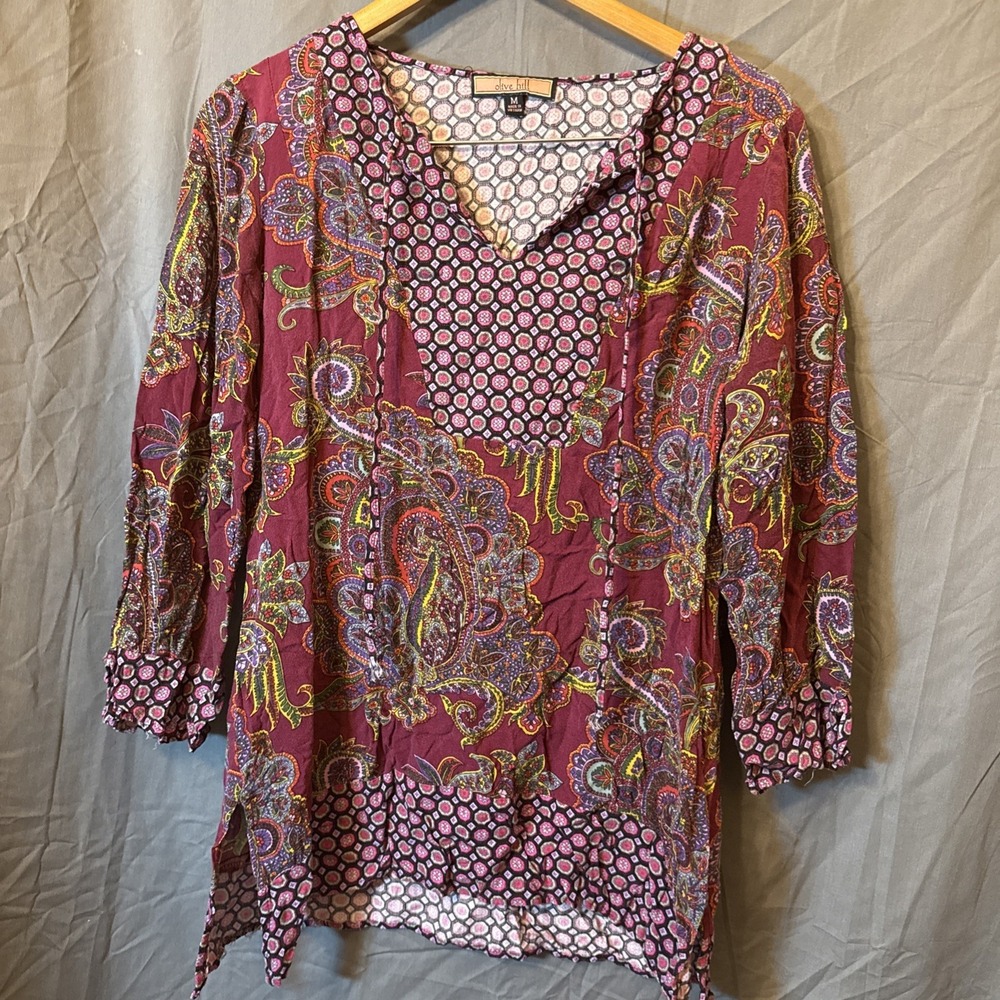 Olive Hill Floral Print Blouse 3/4 Sleeve Tie Neck‎ Bohemian Top Size M